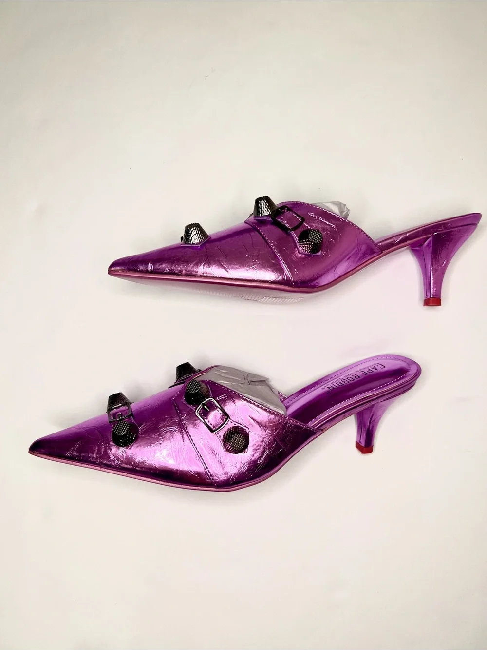 Metallic Embellished Purple Mules w/ Industrial Hardware Studded Metal Accents - Picture 6 of 13